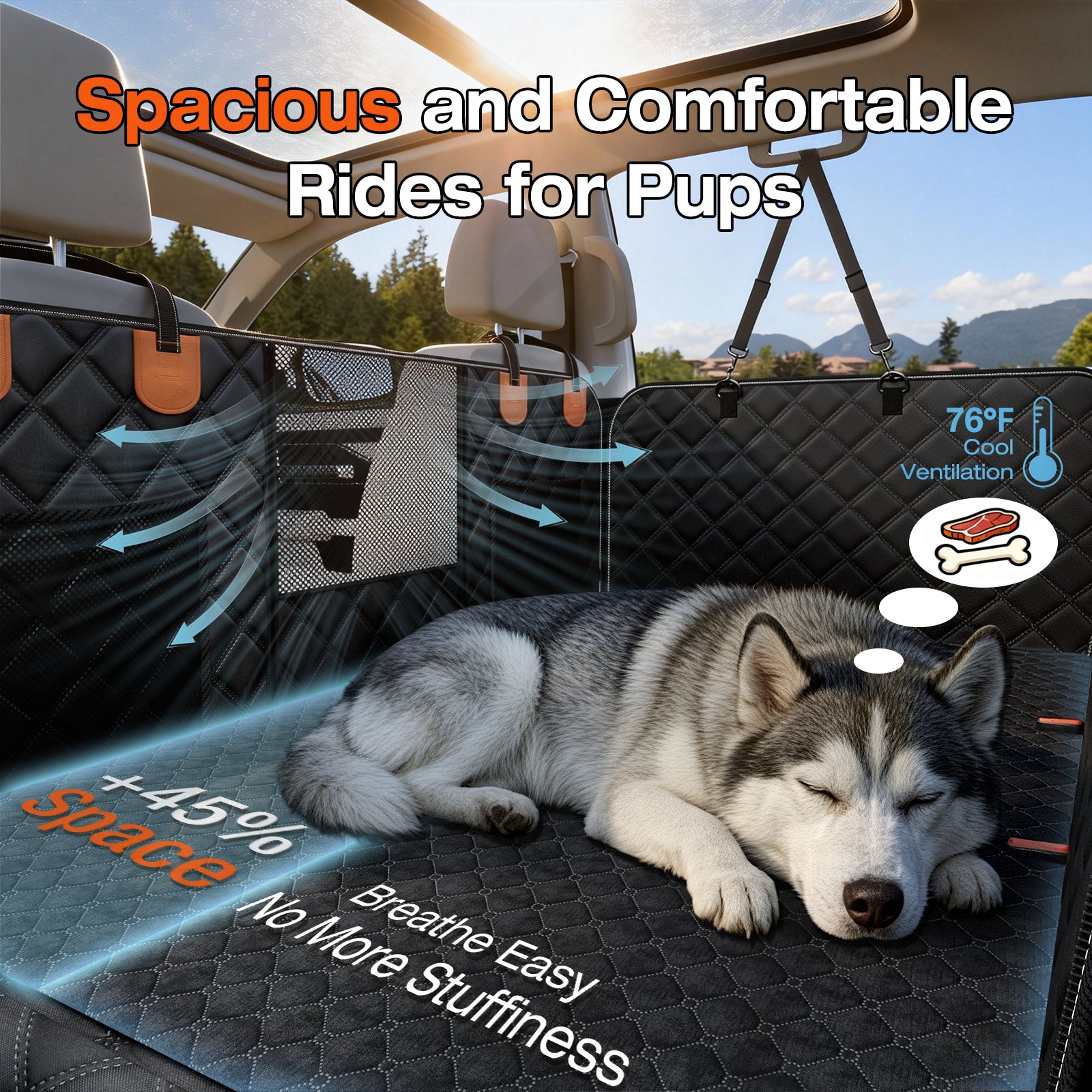 Doglike Dog Car Seat Cover for Back Seat [with Detachable Mat] (Black+Orange, L - SUVS,Medium Trucks)