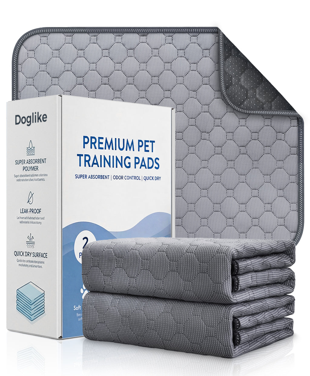 Doglike Washable Pee Pads for Dogs [Upgraded Silver-Ion Odor] – Ultra Absorbent, Leak-Proof, Non-Slip & 5-Hour Quick-Drying Reusable Puppy Training Pads for Home, Crate & Sofa, 24" x 24" (2 Pack)