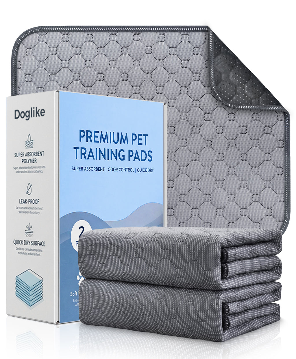 Doglike Washable Pee Pads for Dogs [Upgraded Silver-Ion Odor] – Ultra Absorbent, Leak-Proof, Non-Slip & 5-Hour Quick-Drying Reusable Puppy Training Pads for Home, Crate & Sofa, 24" x 18" (2 Pack)