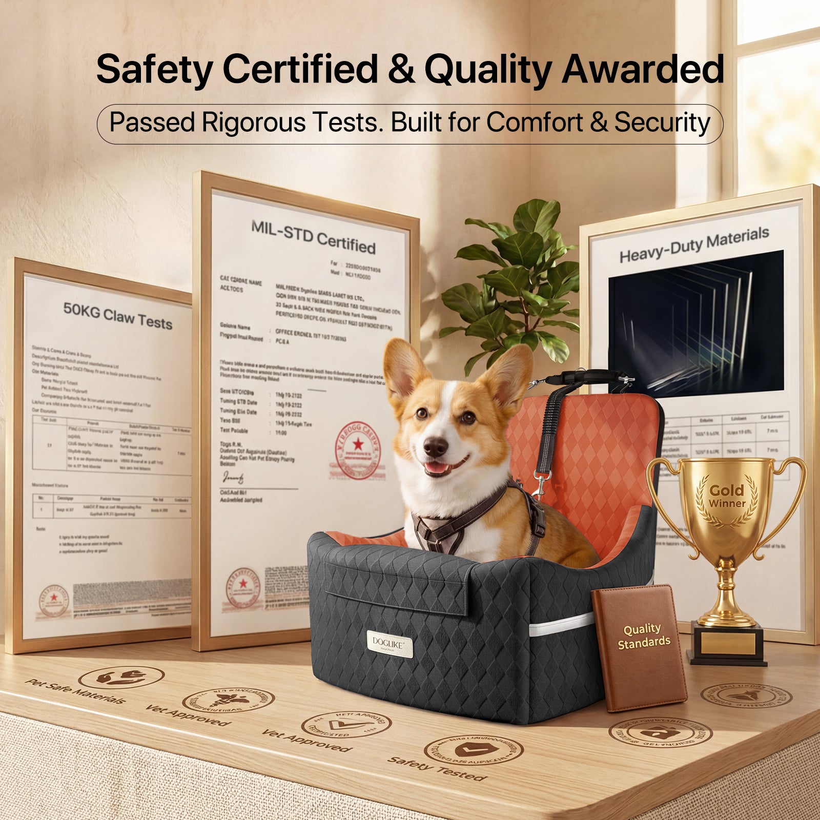Doglike Dog Car Seat for Small/Medium Dogs [2026 Ultimate Comfort & Safety], 5" Memory Foam Pet Booster Seats Up to 35 lbs with Detachable Washable Cover, Dog Bed for Car with Puppy Safety Belt, Brown