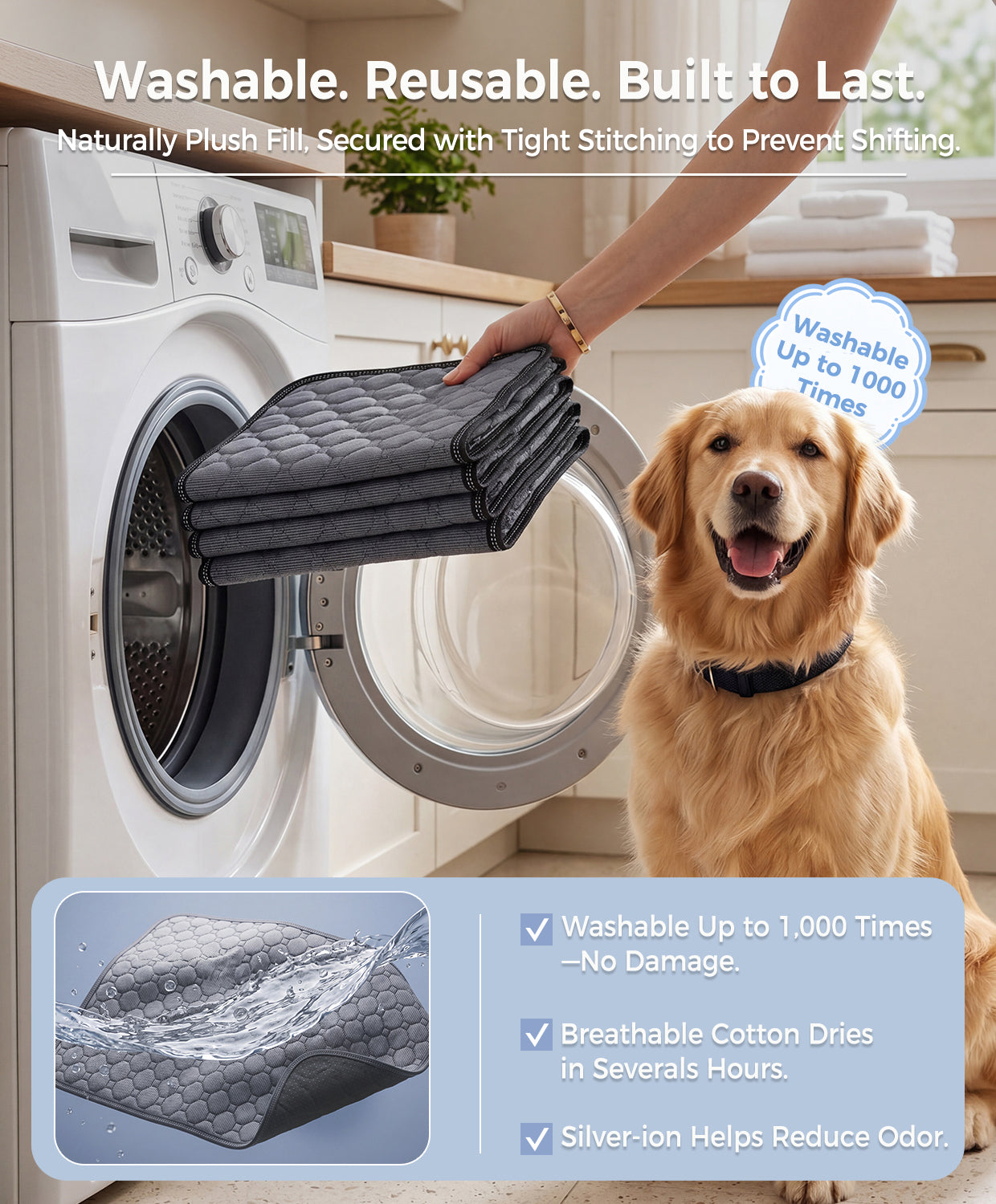 Doglike Washable Pee Pads for Dogs [Upgraded Silver-Ion Odor] – Ultra Absorbent, Leak-Proof, Non-Slip & 5-Hour Quick-Drying Reusable Puppy Training Pads for Home, Crate & Sofa, 41" x 36" (2 Pack)