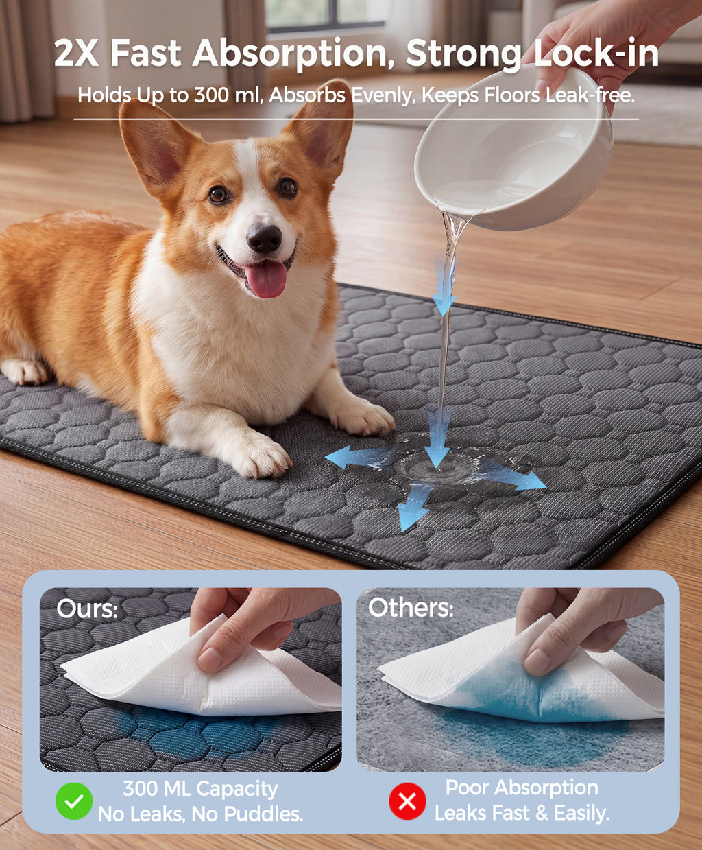 Doglike Washable Pee Pads for Dogs [Upgraded Silver-Ion Odor] – Ultra Absorbent, Leak-Proof, Non-Slip & 5-Hour Quick-Drying Reusable Puppy Training Pads for Home, Crate & Sofa, 24" x 18" (2 Pack)