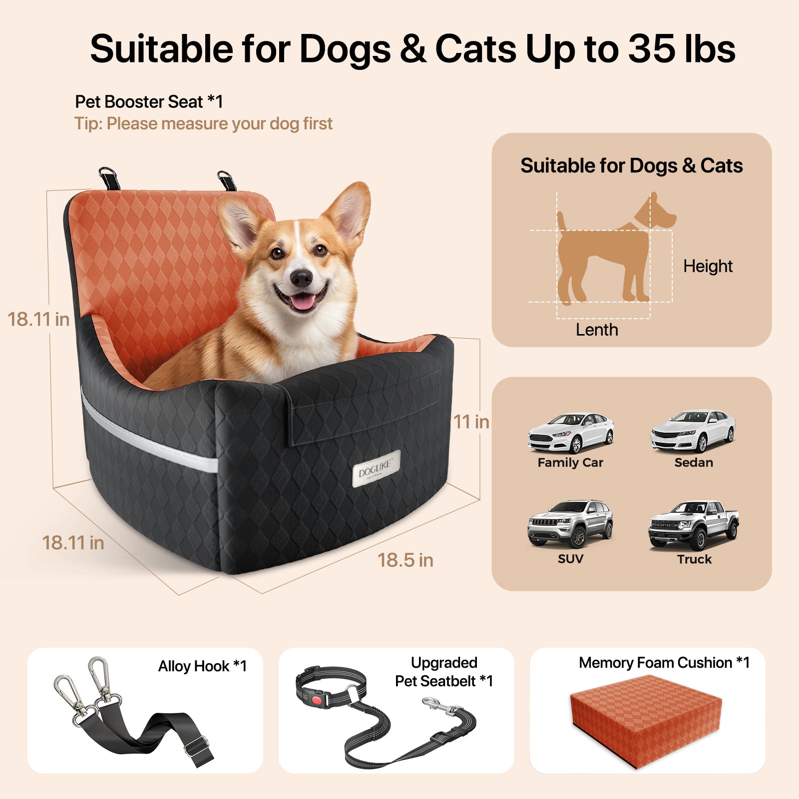 Doglike Dog Car Seat for Small/Medium Dogs [2026 Ultimate Comfort & Safety], 5" Memory Foam Pet Booster Seats Up to 35 lbs with Detachable Washable Cover, Dog Bed for Car with Puppy Safety Belt, Brown