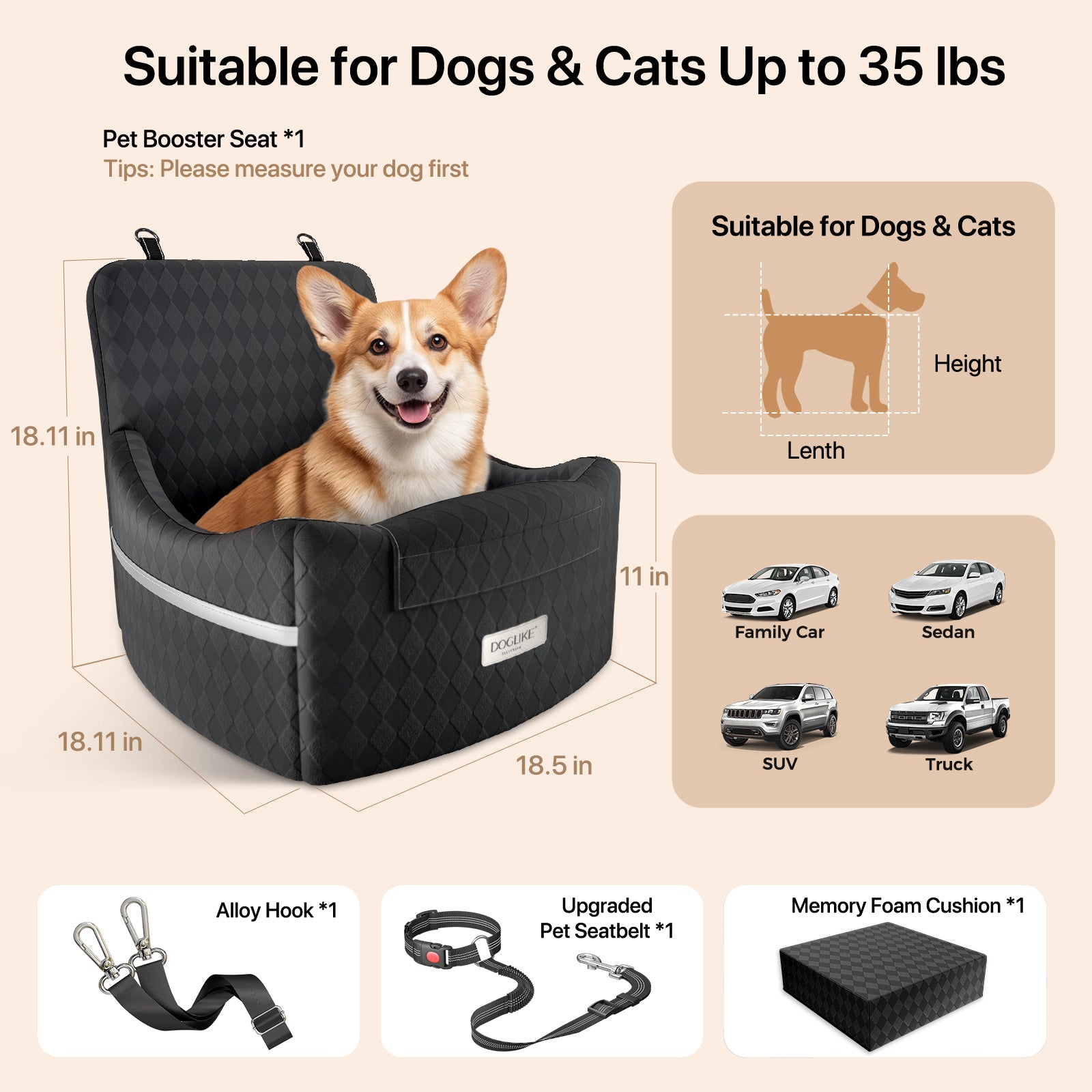 Doglike Dog Car Seat for Small/Medium Dogs [2026 Ultimate Comfort & Safety], 5" Memory Foam Pet Booster Seats Up to 35 lbs with Detachable Washable Cover, Dog Bed for Car with Puppy Safety Belt, Black