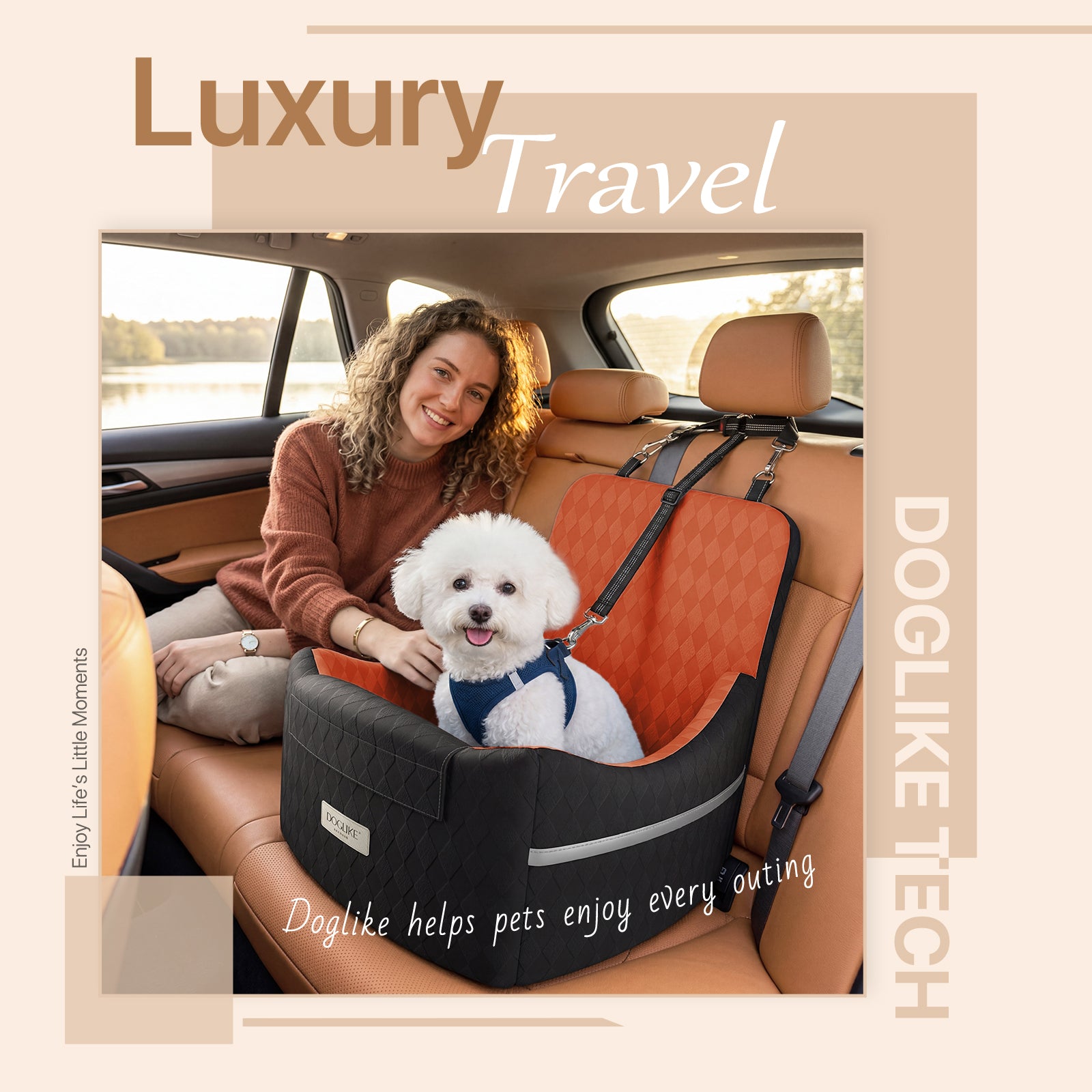 Doglike Dog Car Seat for Small/Medium Dogs [2026 Ultimate Comfort & Safety], 5" Memory Foam Pet Booster Seats Up to 35 lbs with Detachable Washable Cover, Dog Bed for Car with Puppy Safety Belt, Brown