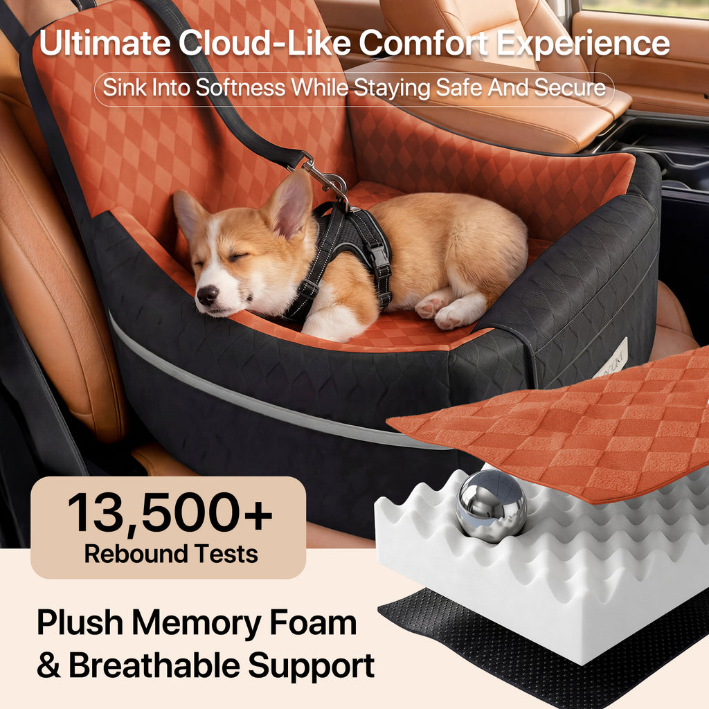 Doglike Dog Car Seat for Small/Medium Dogs [2026 Ultimate Comfort & Safety], 5" Memory Foam Pet Booster Seats Up to 35 lbs with Detachable Washable Cover, Dog Bed for Car with Puppy Safety Belt, Brown
