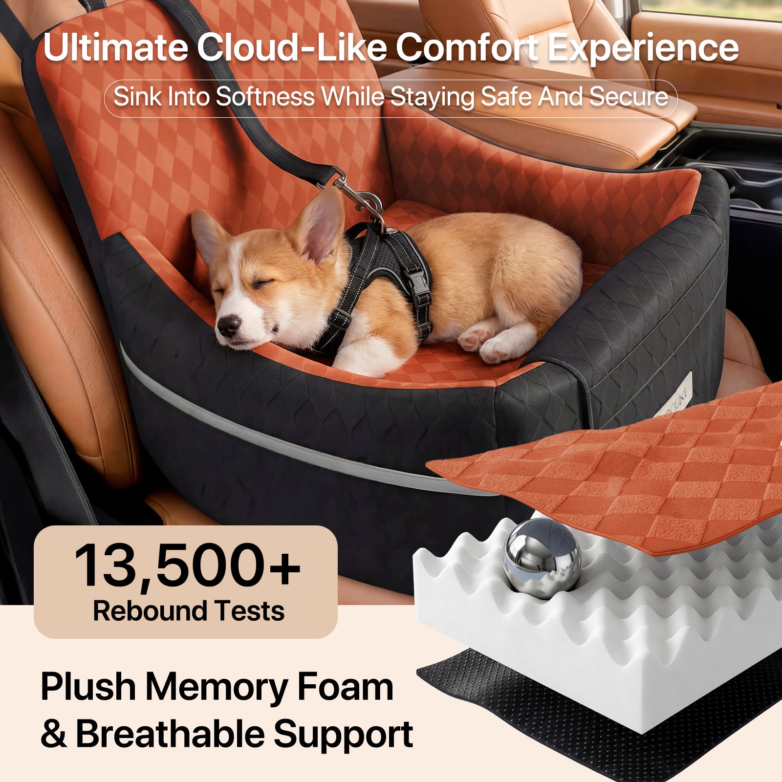 Doglike Dog Car Seat for Small/Medium Dogs [2026 Ultimate Comfort & Safety], 5" Memory Foam Pet Booster Seats Up to 35 lbs with Detachable Washable Cover, Dog Bed for Car with Puppy Safety Belt, Brown