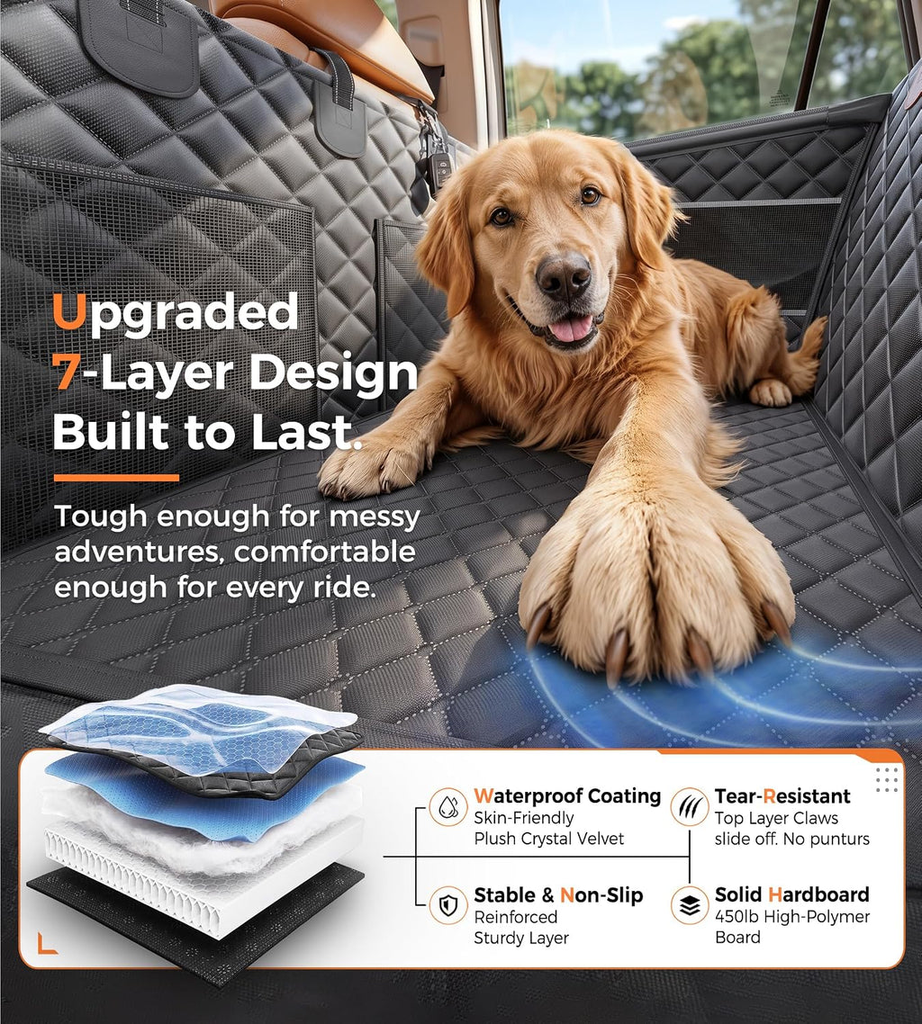 Doglike Heavy Duty Dog Car Seat for Back Seat, Hard Bottom Rigid Support 【Upgrade Stainless Steel & Metal Buckles】900D Oxford Fabric Waterproof Back Seat Extender for Dog Passenger Frinedly XL Graphite Black & Black Leather