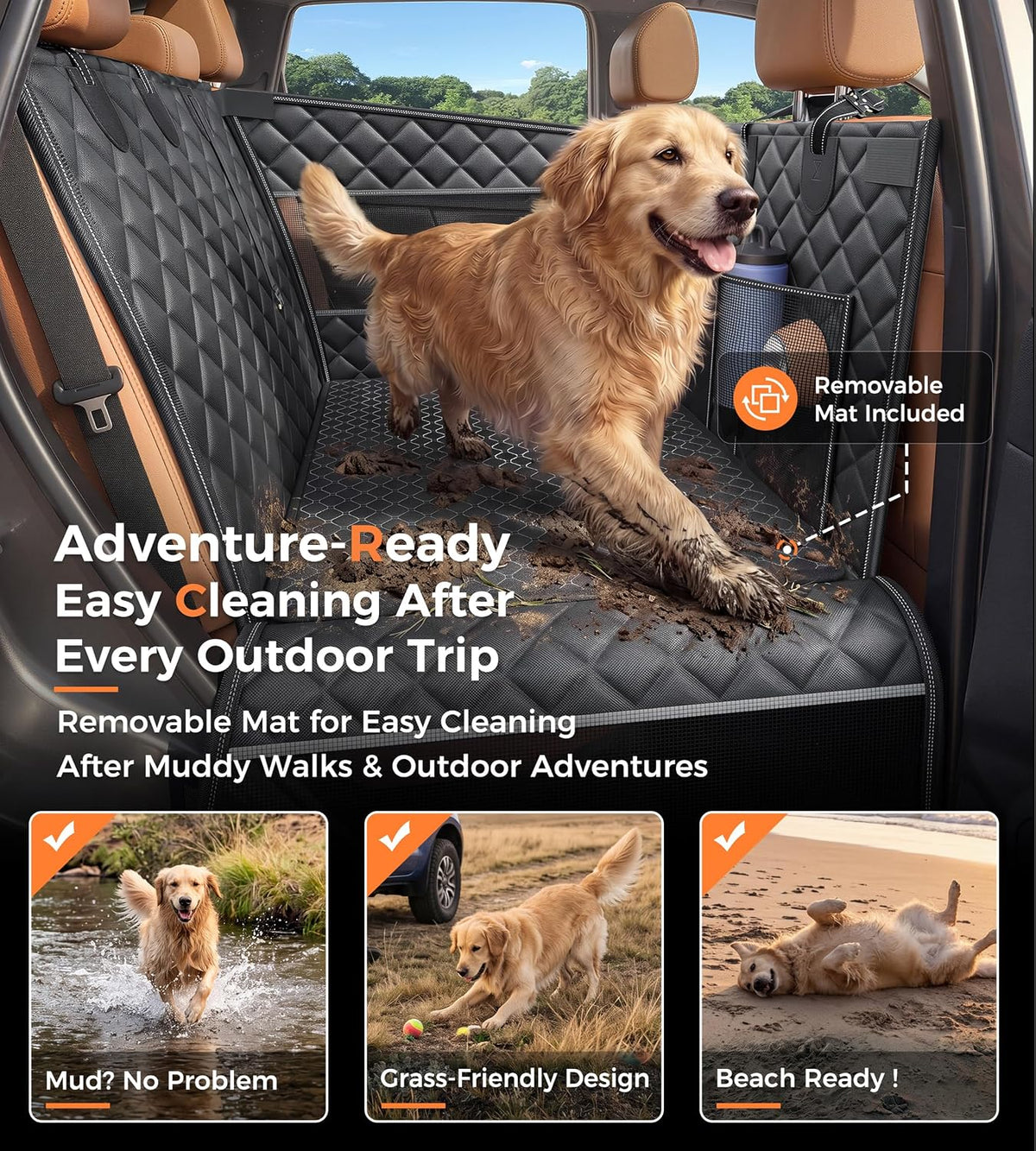 Doglike Heavy Duty Dog Car Seat for Back Seat, Hard Bottom Rigid Support 【Upgrade Stainless Steel & Metal Buckles】900D Oxford Fabric Waterproof Back Seat Extender for Dog Passenger Frinedly XL Graphite Black & Black Leather