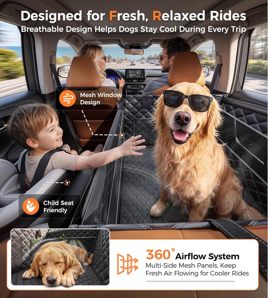 Doglike Heavy Duty Dog Car Seat for Back Seat, Hard Bottom Rigid Support 【Upgrade Stainless Steel & Metal Buckles】900D Oxford Fabric Waterproof Back Seat Extender for Dog Passenger Frinedly XL Graphite Black & Black Leather