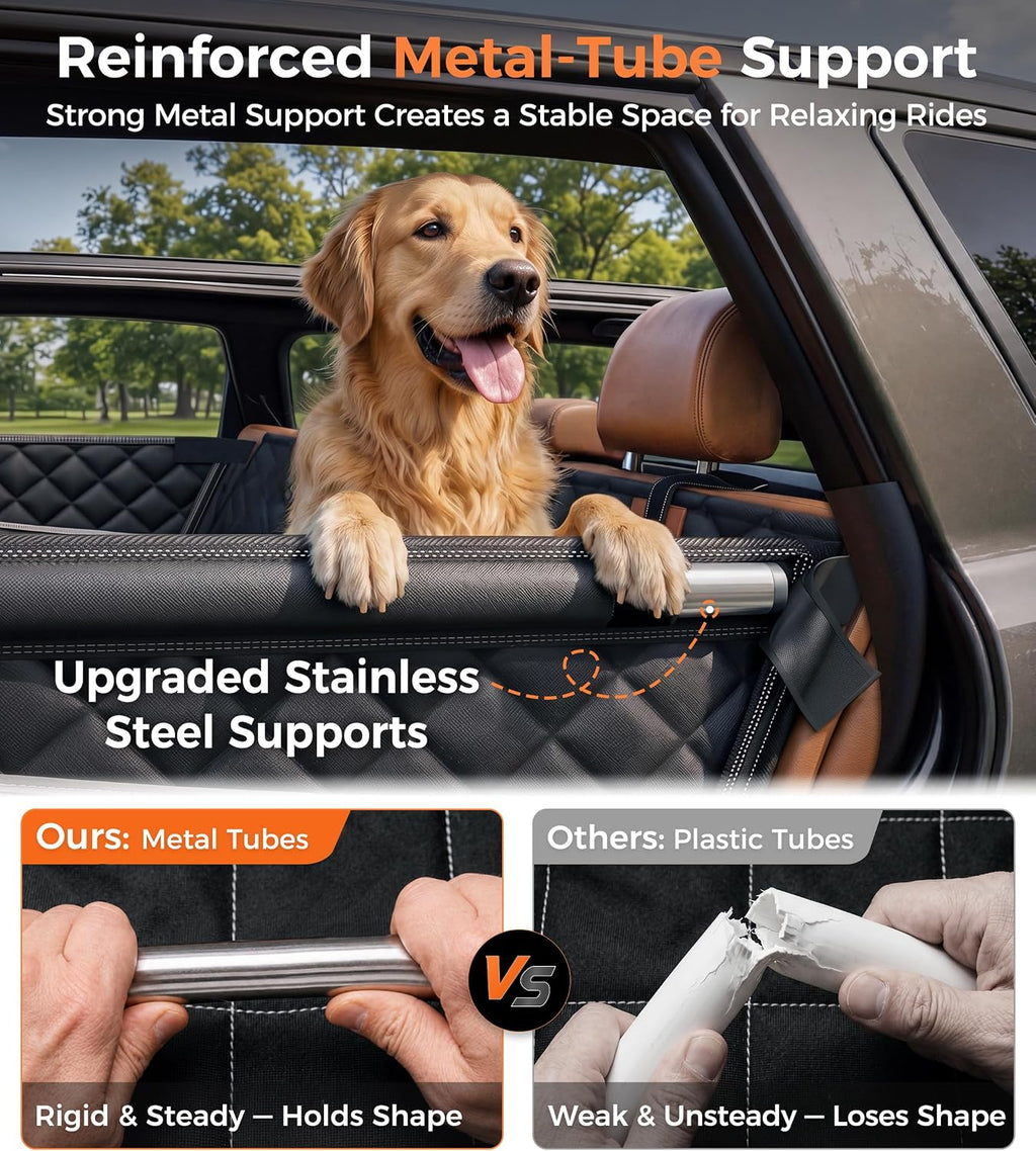 Doglike Heavy Duty Dog Car Seat for Back Seat, Hard Bottom Rigid Support 【Upgrade Stainless Steel & Metal Buckles】900D Oxford Fabric Waterproof Back Seat Extender for Dog Passenger Frinedly XL Graphite Black & Brown Leather
