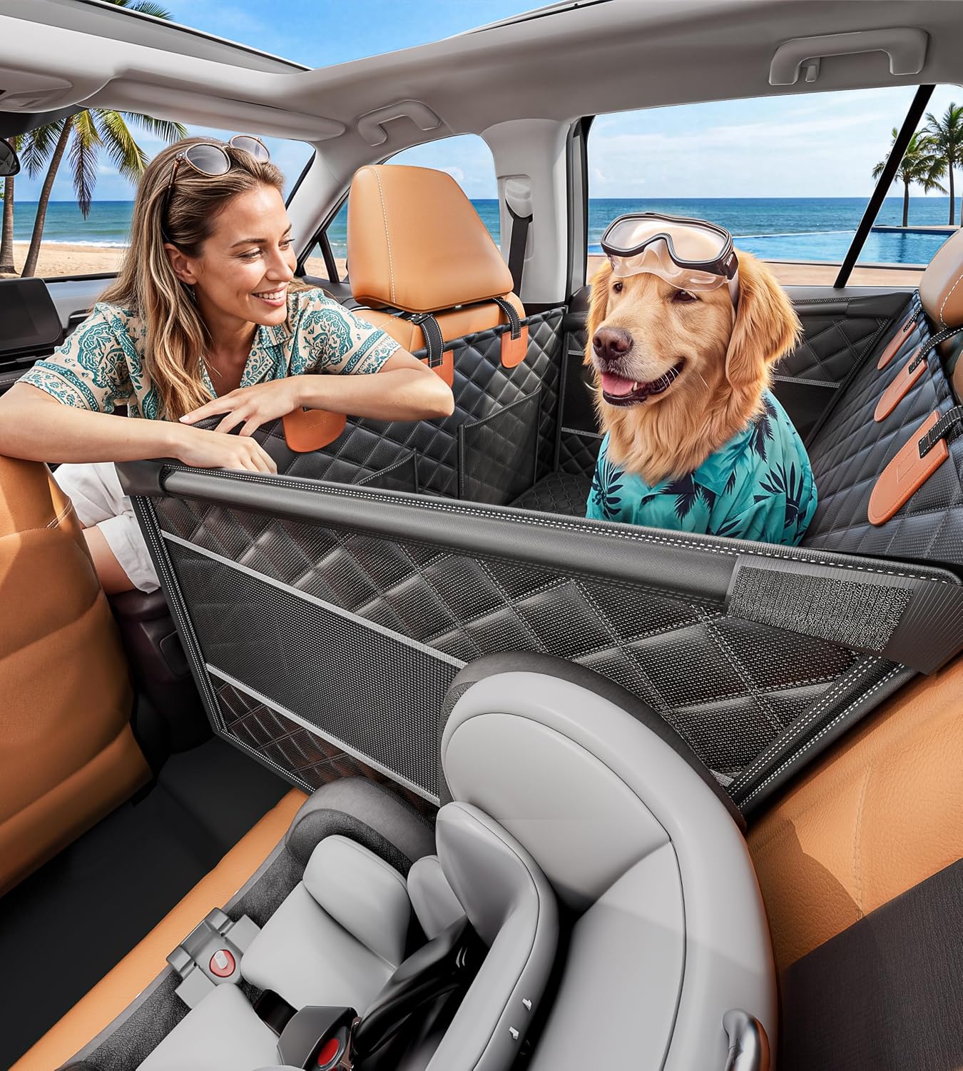 Doglike Heavy Duty Dog Car Seat for Back Seat, Hard Bottom Rigid Support 【Upgrade Stainless Steel & Metal Buckles】900D Oxford Fabric Waterproof Back Seat Extender for Dog Passenger Frinedly XL Graphite Black & Brown Leather