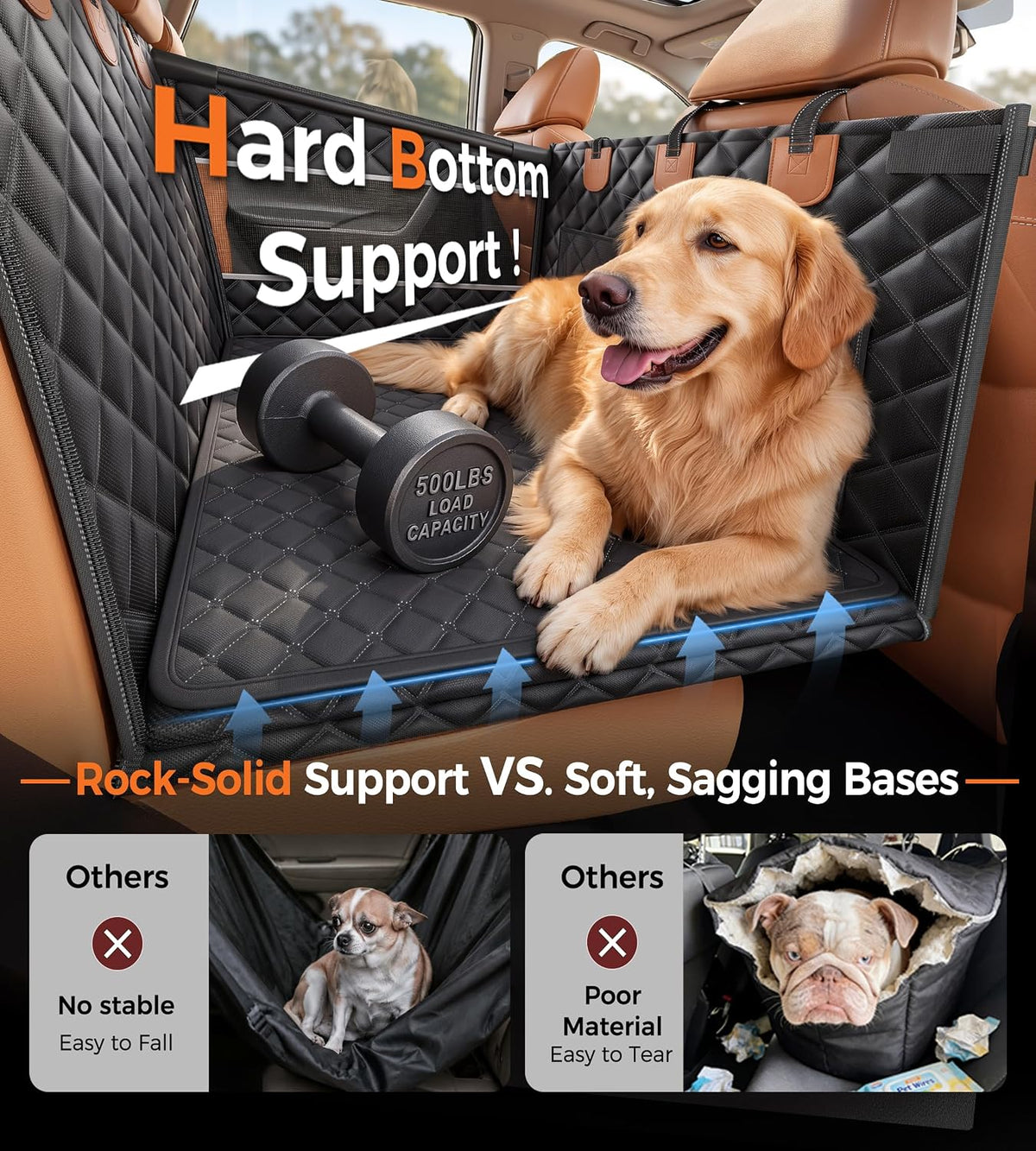 Doglike Heavy Duty Dog Car Seat for Back Seat, Hard Bottom Rigid Support 【Upgrade Stainless Steel & Metal Buckles】900D Oxford Fabric Waterproof Back Seat Extender for Dog Passenger Frinedly XL Graphite Black & Brown Leather
