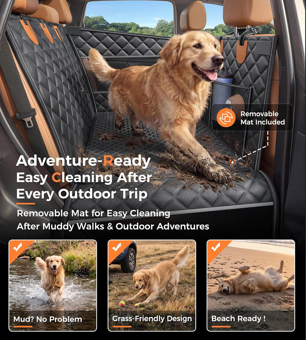 Doglike Heavy Duty Dog Car Seat for Back Seat, Hard Bottom Rigid Support 【Upgrade Stainless Steel & Metal Buckles】900D Oxford Fabric Waterproof Back Seat Extender for Dog Passenger Frinedly XL Graphite Black & Brown Leather