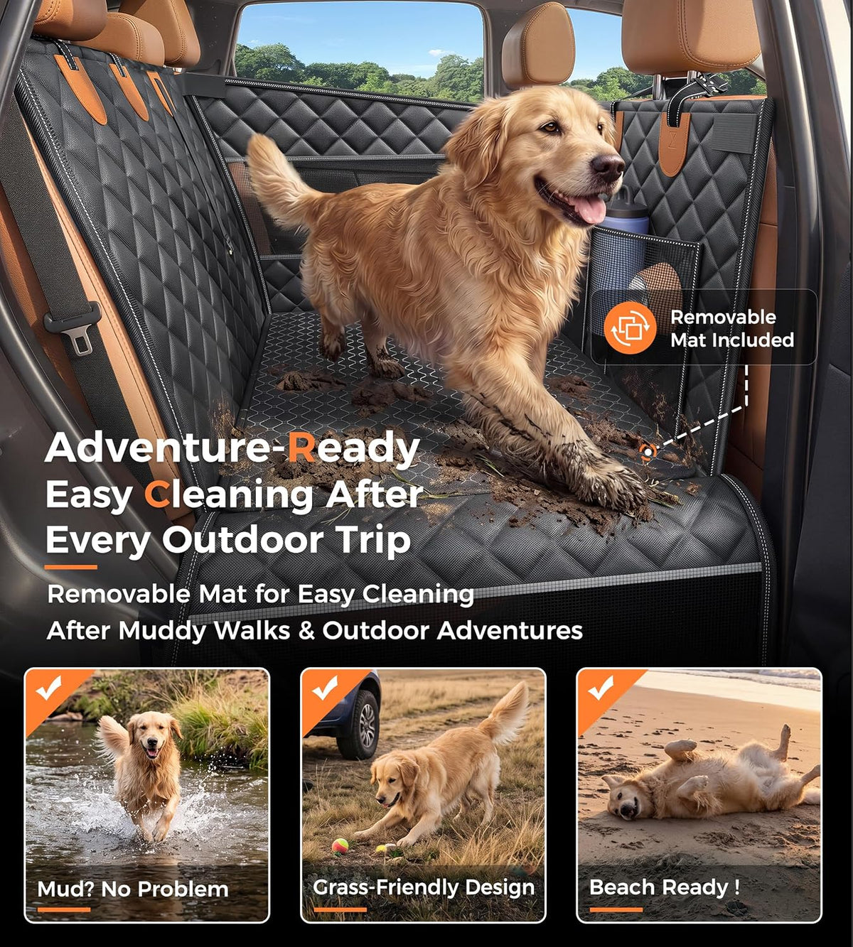 Doglike Heavy Duty Dog Car Seat for Back Seat, Hard Bottom Rigid Support 【Upgrade Stainless Steel & Metal Buckles】900D Oxford Fabric Waterproof Back Seat Extender for Dog Passenger Frinedly XL Graphite Black & Brown Leather