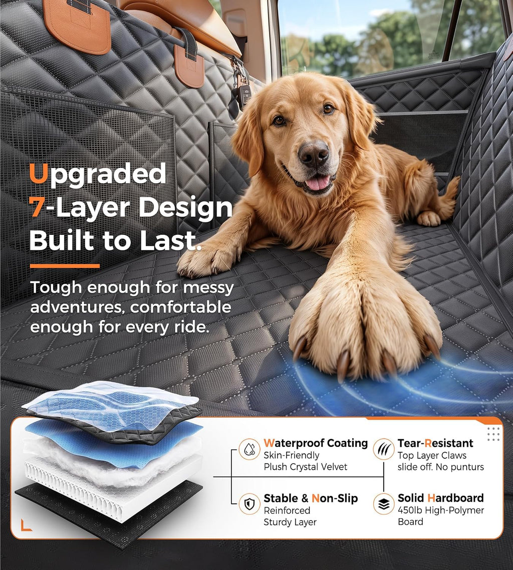 Doglike Heavy Duty Dog Car Seat for Back Seat, Hard Bottom Rigid Support 【Upgrade Stainless Steel & Metal Buckles】900D Oxford Fabric Waterproof Back Seat Extender for Dog Passenger Frinedly XL Graphite Black & Brown Leather