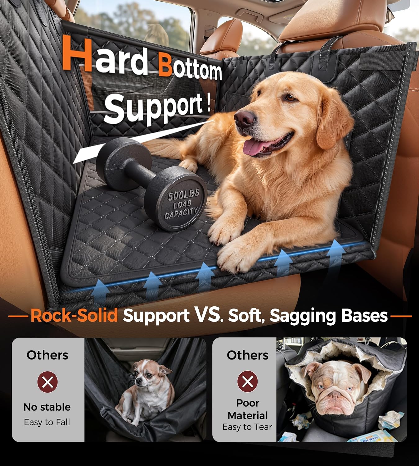 Doglike Heavy Duty Dog Car Seat for Back Seat, Hard Bottom Rigid Support 【Upgrade Stainless Steel & Metal Buckles】900D Oxford Fabric Waterproof Back Seat Extender for Dog Passenger Frinedly XL Graphite Black & Black Leather
