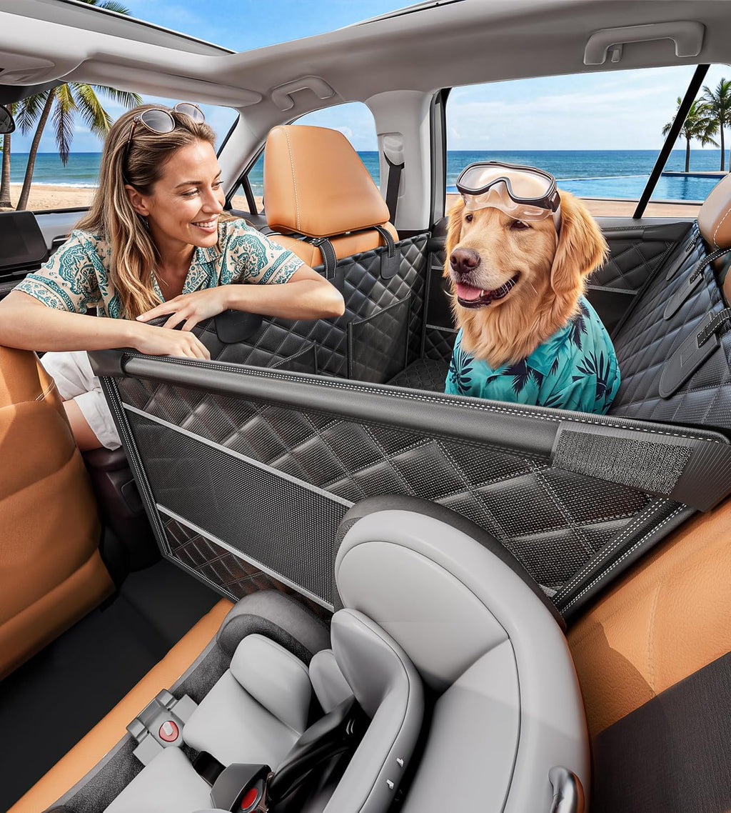 Doglike Heavy Duty Dog Car Seat for Back Seat, Hard Bottom Rigid Support 【Upgrade Stainless Steel & Metal Buckles】900D Oxford Fabric Waterproof Back Seat Extender for Dog Passenger Frinedly XL Graphite Black & Black Leather
