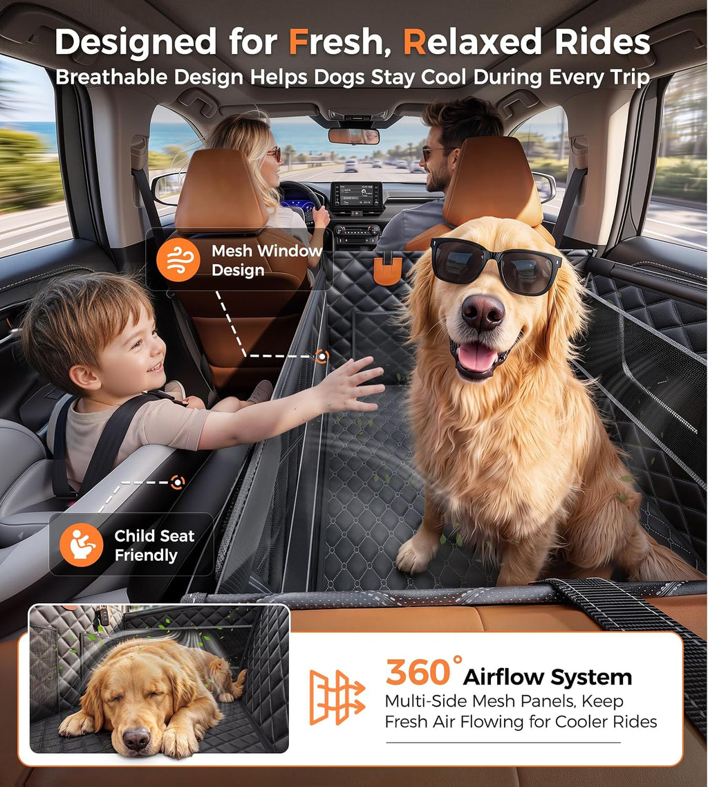 Doglike Heavy Duty Dog Car Seat for Back Seat, Hard Bottom Rigid Support 【Upgrade Stainless Steel & Metal Buckles】900D Oxford Fabric Waterproof Back Seat Extender for Dog Passenger Frinedly XL Graphite Black & Brown Leather