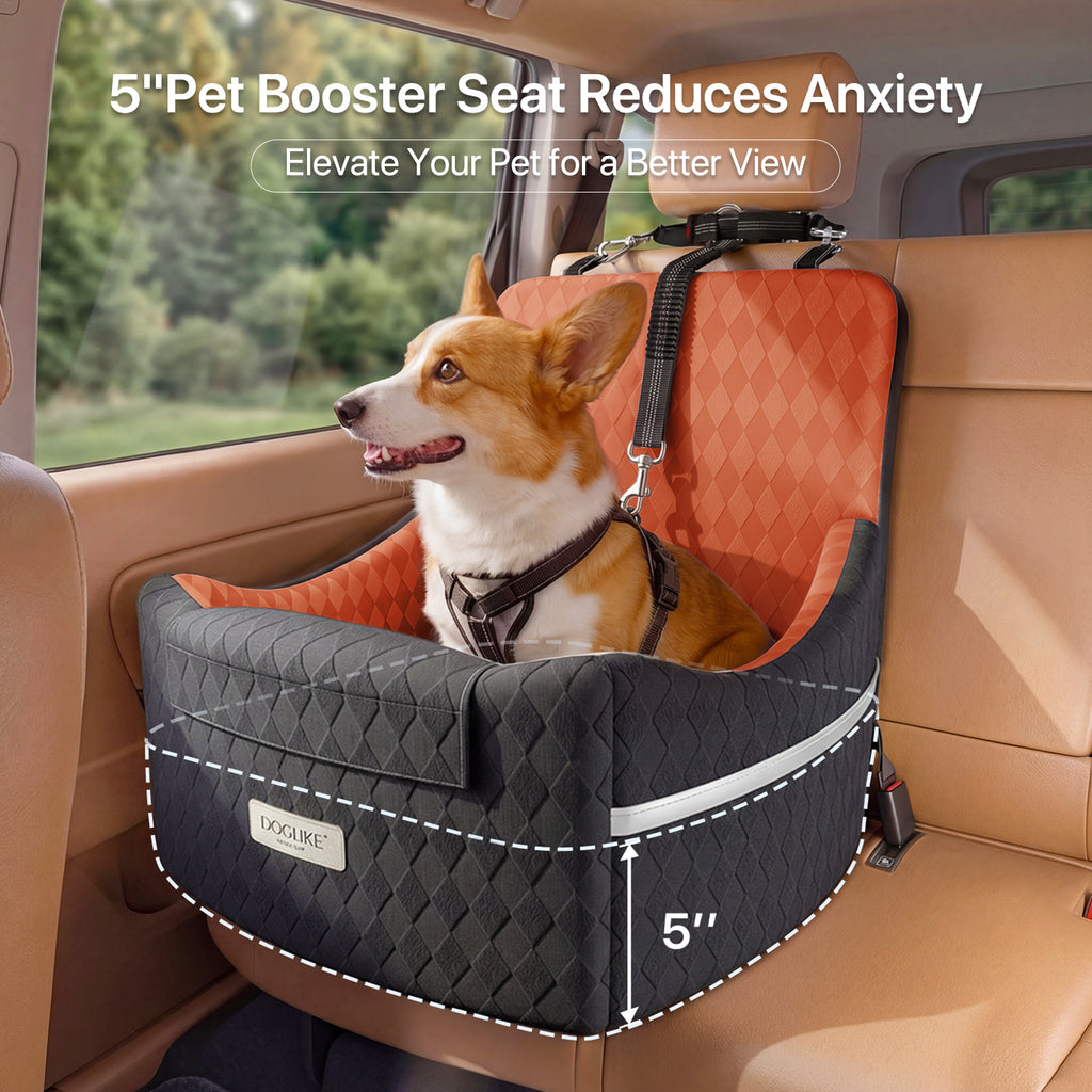 Doglike Dog Car Seat for Small/Medium Dogs [2026 Ultimate Comfort & Safety], 5" Memory Foam Pet Booster Seats Up to 35 lbs with Detachable Washable Cover, Dog Bed for Car with Puppy Safety Belt, Brown