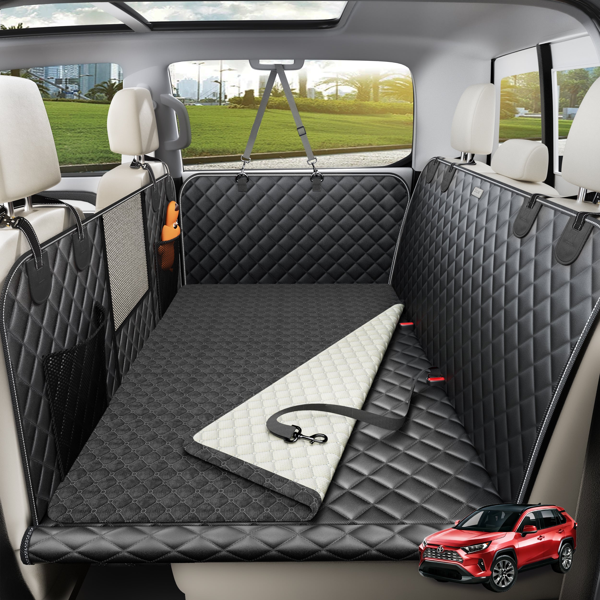 Doglike Dog Car Seat Cover for Back Seat [with Detachable Mat], Hard Bottom Dog Hammock for Car, Pet Bed Extender for 2-4 Large Dogs, Waterproof Seat Protector, L Size Fits for SUV Medium Truck