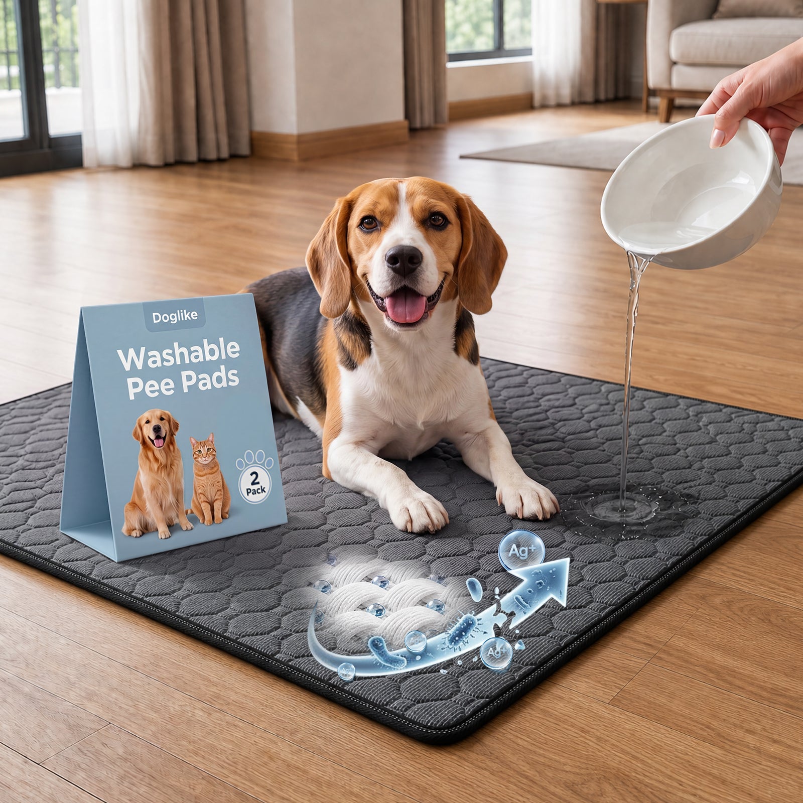 Doglike Washable Pee Pads for Dogs [Upgraded Silver-Ion Odor] – Ultra Absorbent, Leak-Proof, Non-Slip & 5-Hour Quick-Drying Reusable Puppy Training Pads for Home, Crate & Sofa, 24" x 24" (2 Pack)
