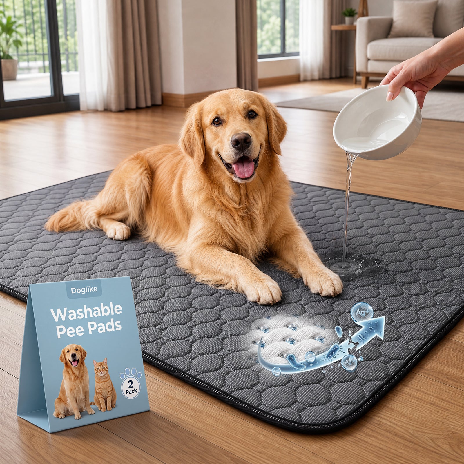Doglike Washable Pee Pads for Dogs [Upgraded Silver-Ion Odor] – Ultra Absorbent, Leak-Proof, Non-Slip & 5-Hour Quick-Drying Reusable Puppy Training Pads for Home, Crate & Sofa, 41" x 36" (2 Pack)