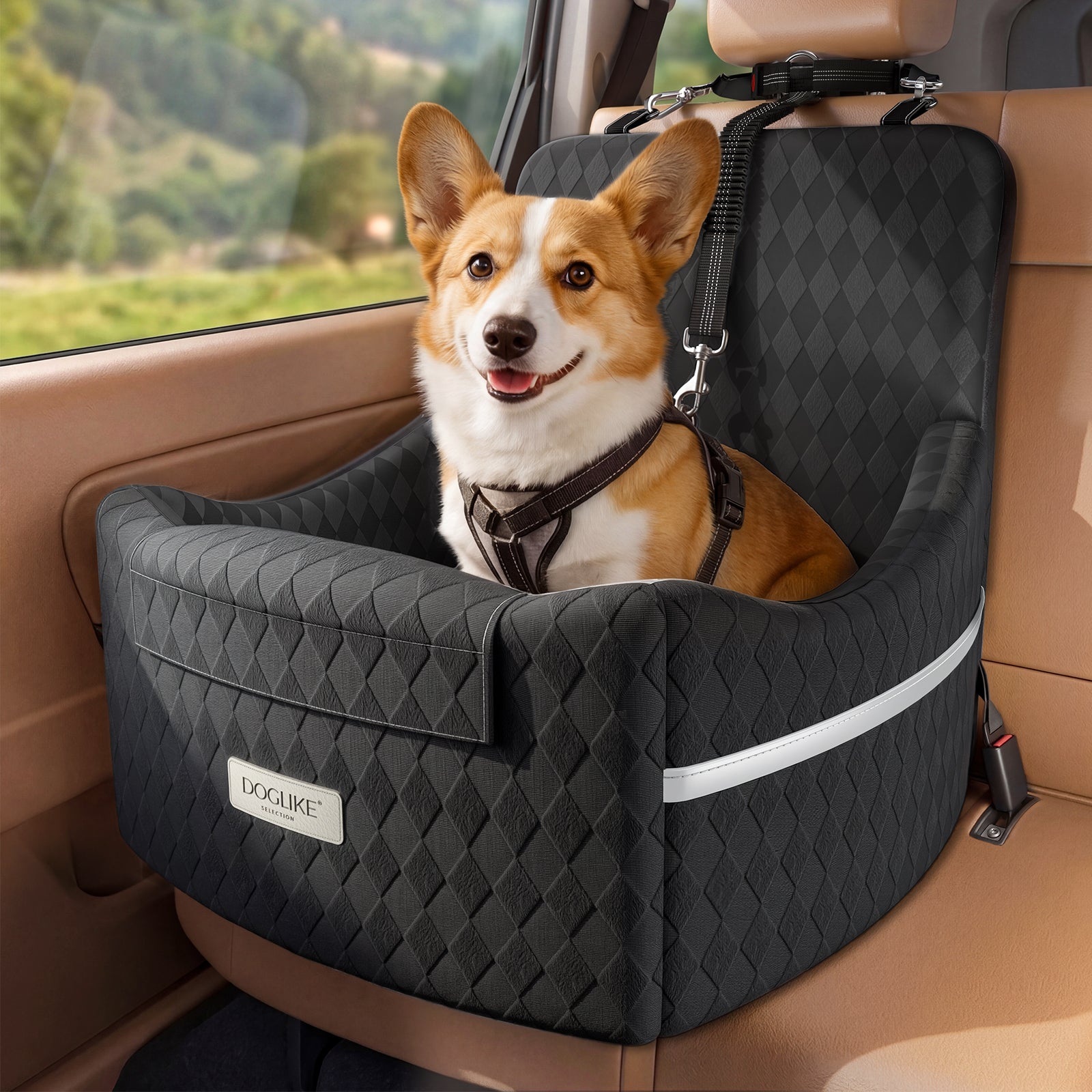 Doglike Dog Car Seat for Small/Medium Dogs [2026 Ultimate Comfort & Safety], 5" Memory Foam Pet Booster Seats Up to 35 lbs with Detachable Washable Cover, Dog Bed for Car with Puppy Safety Belt, Black