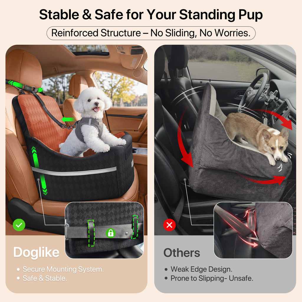 Doglike Dog Car Seat for Small/Medium Dogs [2026 Ultimate Comfort & Safety], 5" Memory Foam Pet Booster Seats Up to 35 lbs with Detachable Washable Cover, Dog Bed for Car with Puppy Safety Belt, Brown